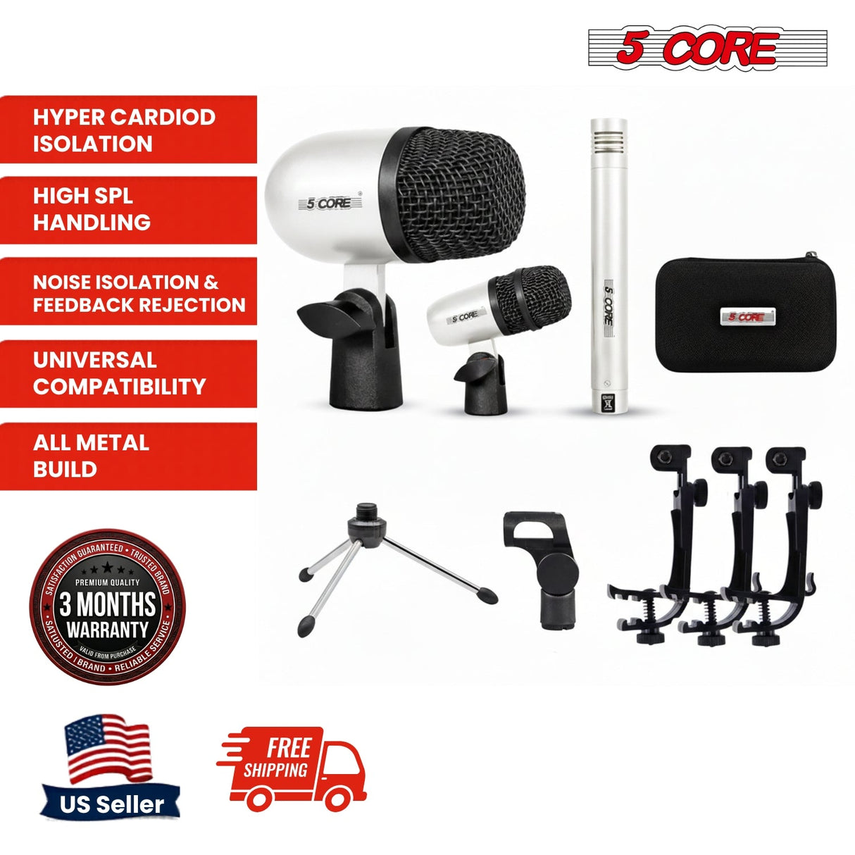 5 Core Conga Mic Snare Tom Set Professional XLR Cardioid Unidirectional Instrument Microphone Kit
