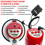 Compact and portable bullhorn megaphone with dimensions (13.5" length, 8" diameter, 9.5" height) and a weight of 3.50 lbs.