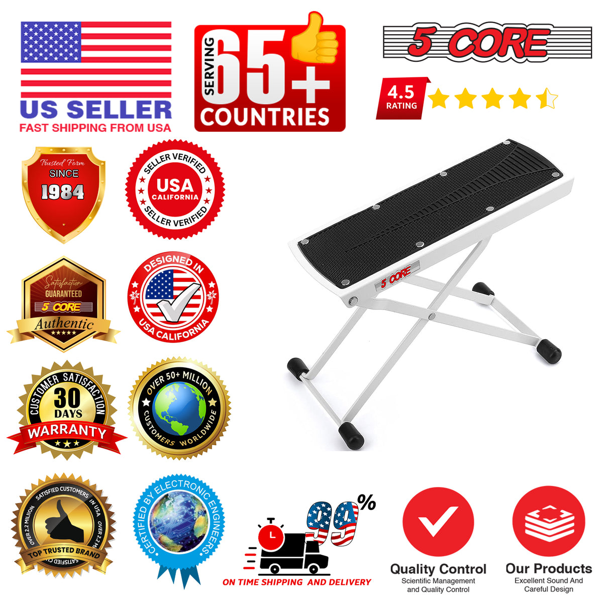 5Core Guitar Foot Stool Height Adjustable Folding Leg Rest Classical Footrest