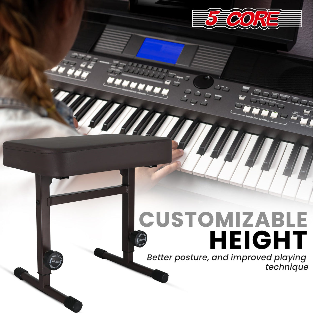 5 Core Keyboard Bench 3" Padded Cushioned Piano Stool Height Adjustable Guitar Seat Folding Portable