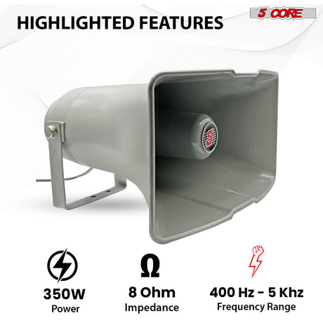 5 Core PA Horn 350W Loud Speaker 13.5 Inch Indoor Outdoor Bull Horn Loud Audio 8Ohm All Weather