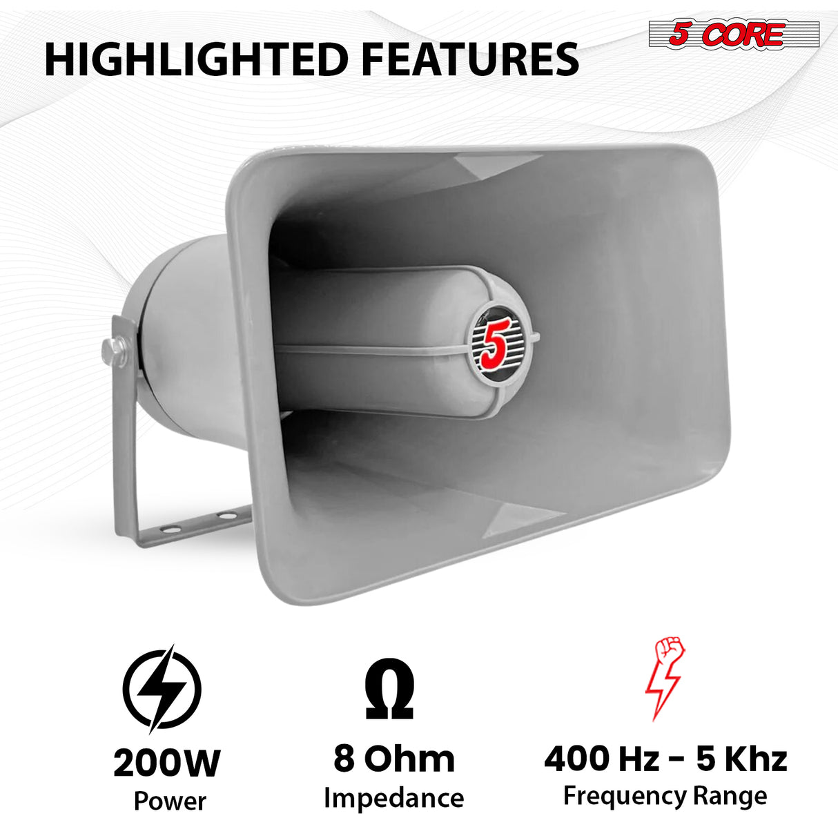 5 Core 10 Inch PA Horn 200W Loud Speaker Bull Horn Loud Audio 8Ohm All Weather Indoor Outdoor Use