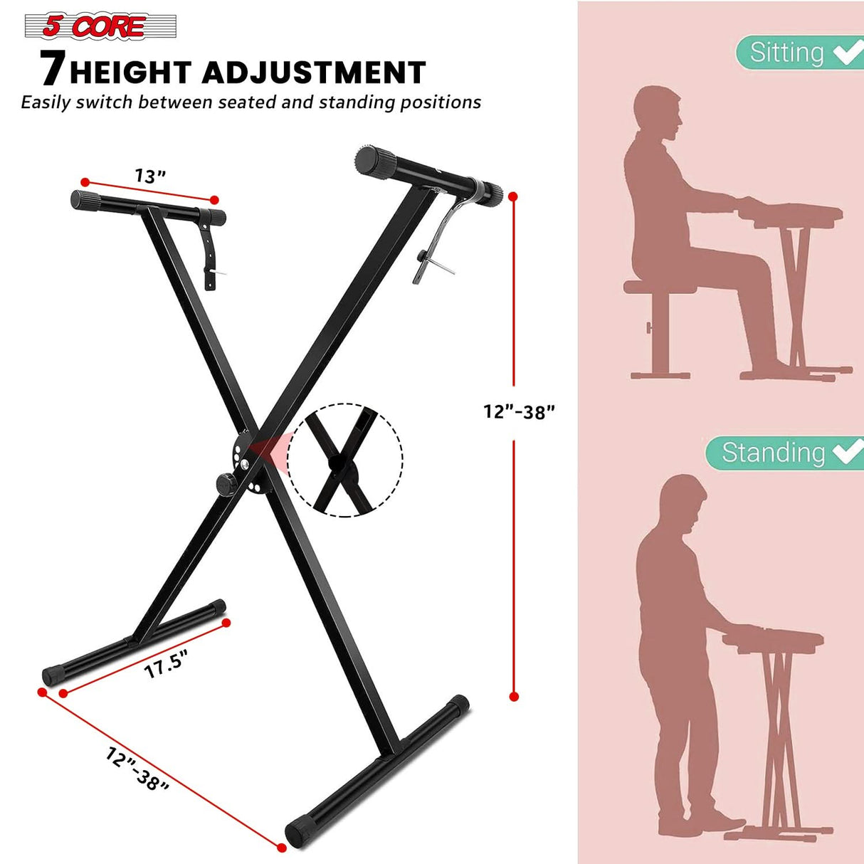 5 Core Keyboard Stand Piano Bench Combo Adjustable Key Board Stands 2" Padded Musician Chair Set