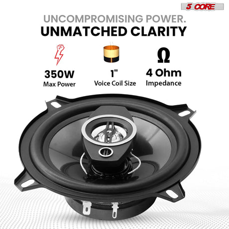 5Core Coaxial Car Door Speakers 5” Pair 350W 4Ohm 2 Way Component Subwoofer Audio w Super Tweeter