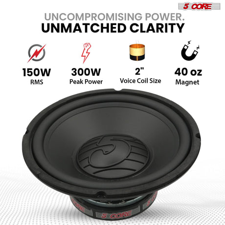 5 Core 10" Subwoofer Pair 300W Car Woofer 4 Ohm Replacement Deep Bass Sub Loud Speaker for Vehicle
