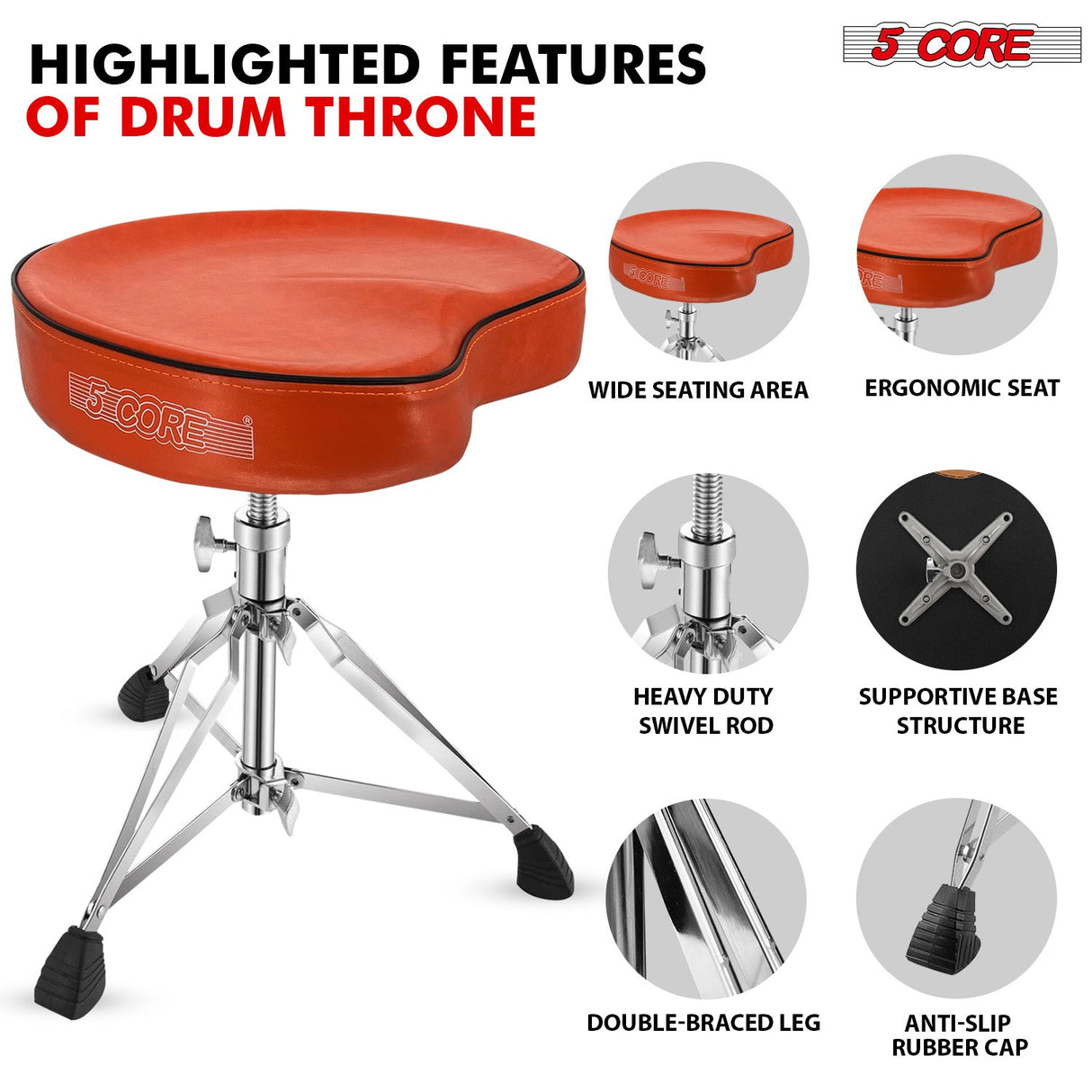 5Core Drum Throne Padded Guitar Stool Saddle Drummer Seat for Adults & Kids