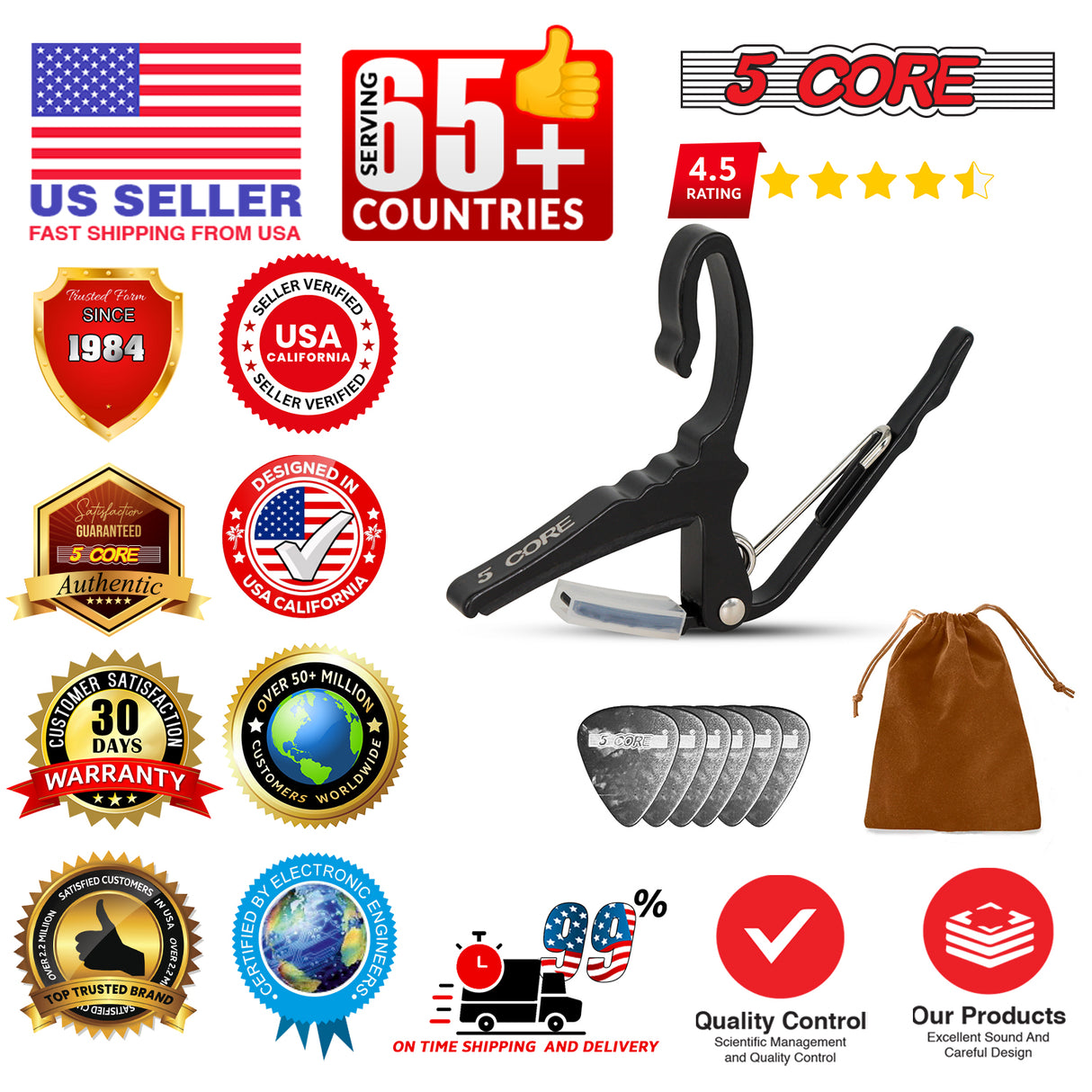 5 Core Guitar Capo Quick Change Acoustic Electric String Clip Banjo Mandolin Or Ukulele