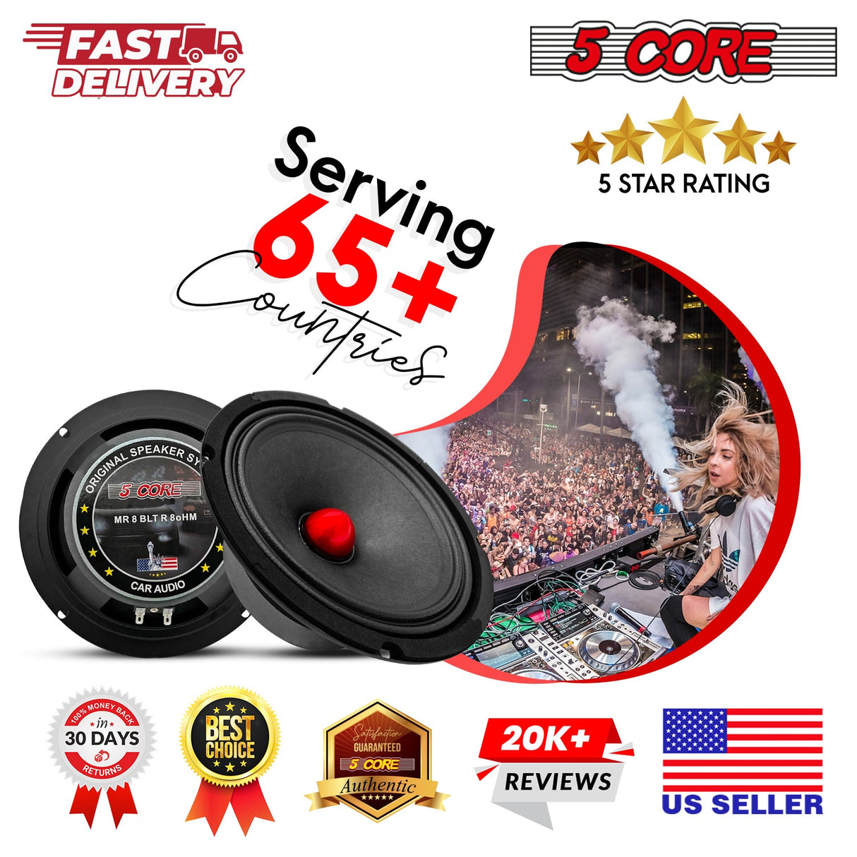 5Core 8 Inch Midrange Door Speaker 500W Subwoofer w Aluminum Bullet 8Ω Sub Woofer 1 PC