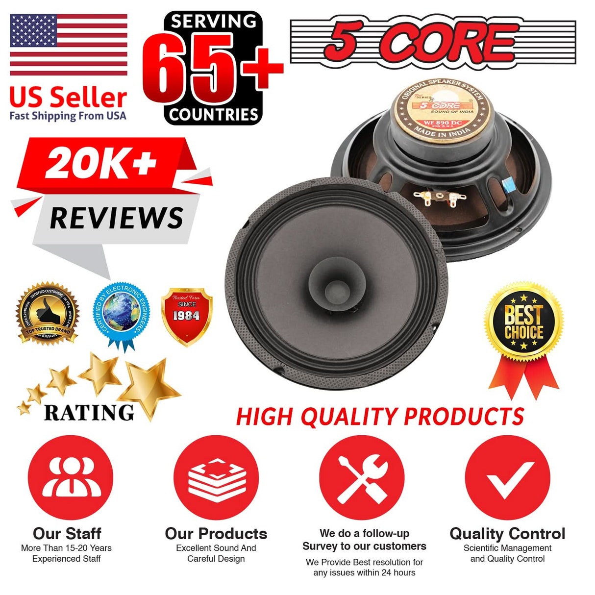 5 Core 8" Subwoofer 1000W Dual Cone Car Audio Sub Woofer 4 Ohm Deep Bass Replacement Loud Speaker