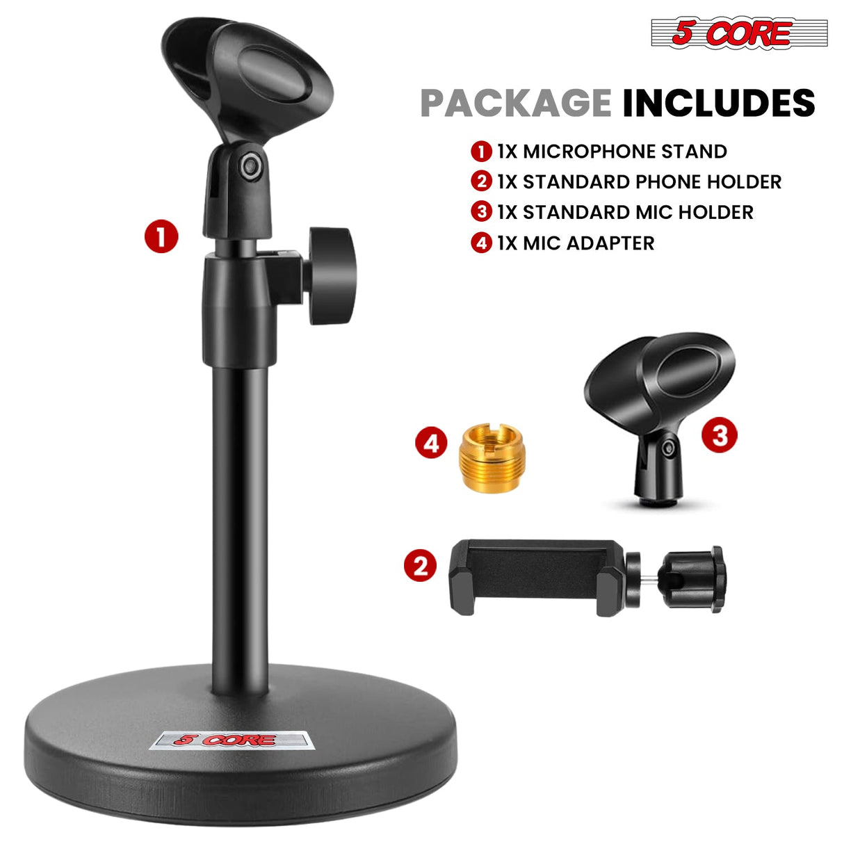 5Core 3n1 Mic Stand Desk Adjustable Table Microphone Stands w Phone Holder Mic Clip