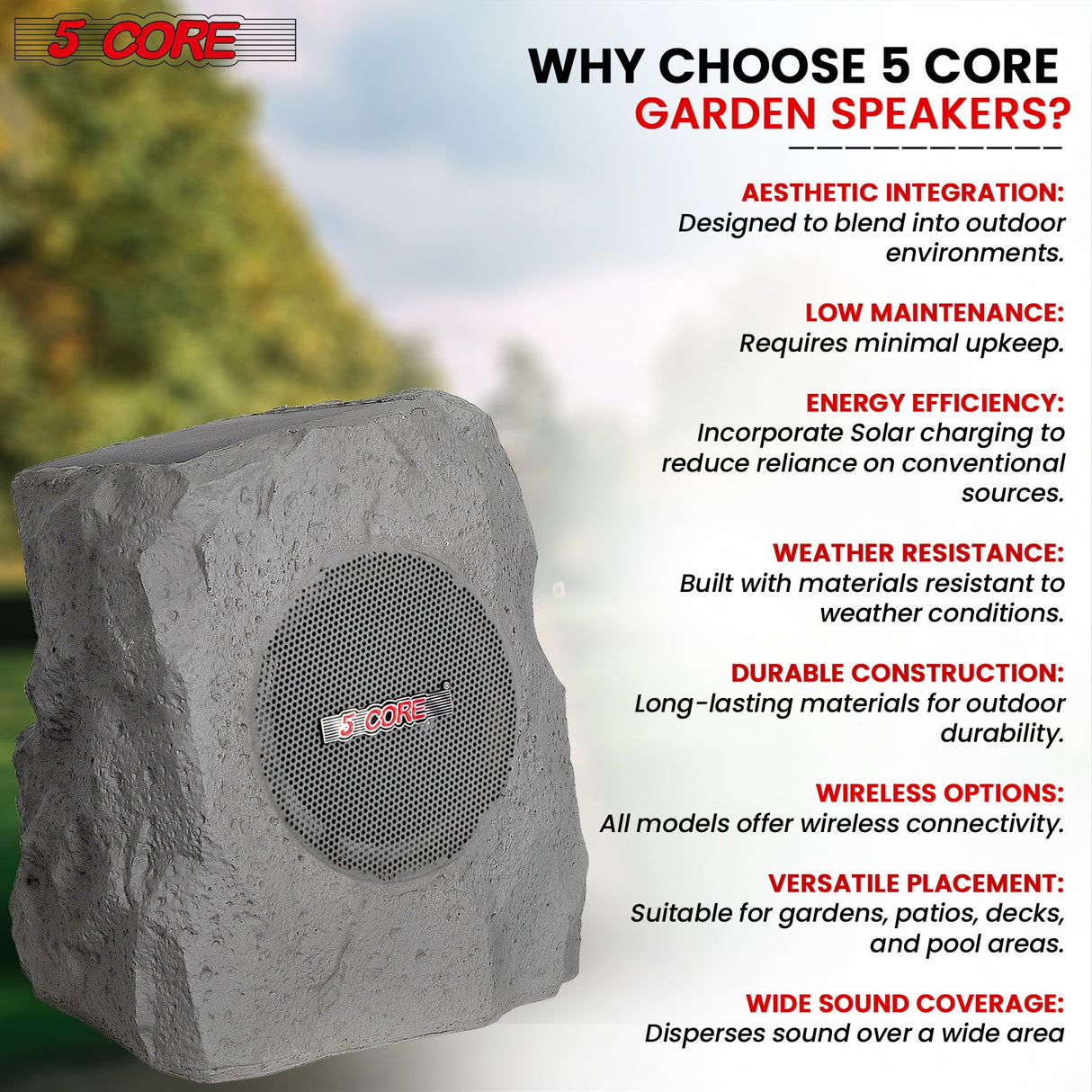 5 Core Rock Speaker Outdoor Waterproof Bluetooth Garden Speakers Solar & USB Charging RGB Colors for Patio Pool & Home