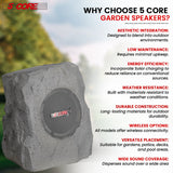 5 Core Rock Speaker Outdoor Waterproof Bluetooth Garden Speakers Solar & USB Charging RGB Colors for Patio Pool & Home