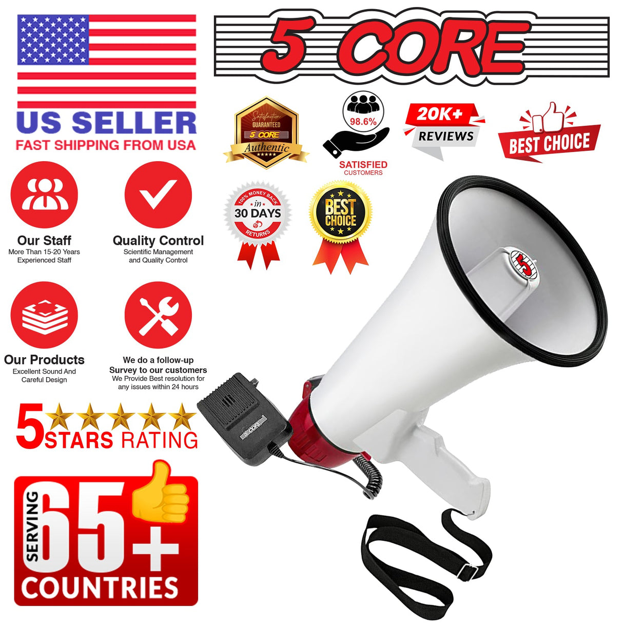 5Core Megaphone Bullhorn Speaker 40W Bull Horn Cheer Megafono 1000 Yards