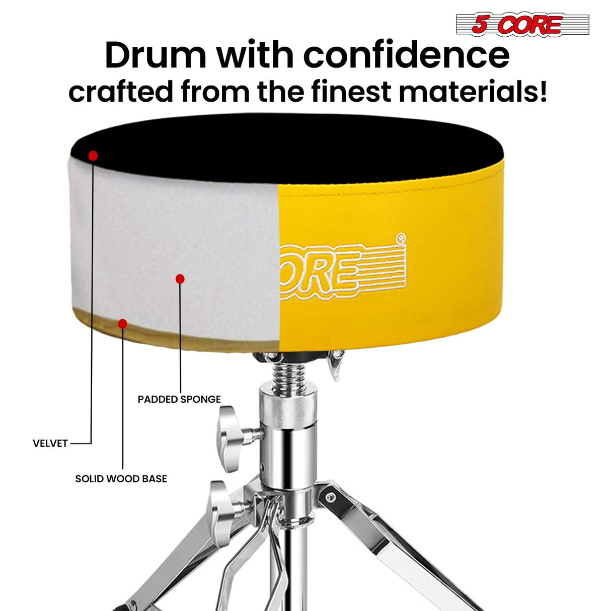 5 Core Drum Throne 5" Padded Drummer Seat Adjustable Drumming Chair w Luxury Velvet Top