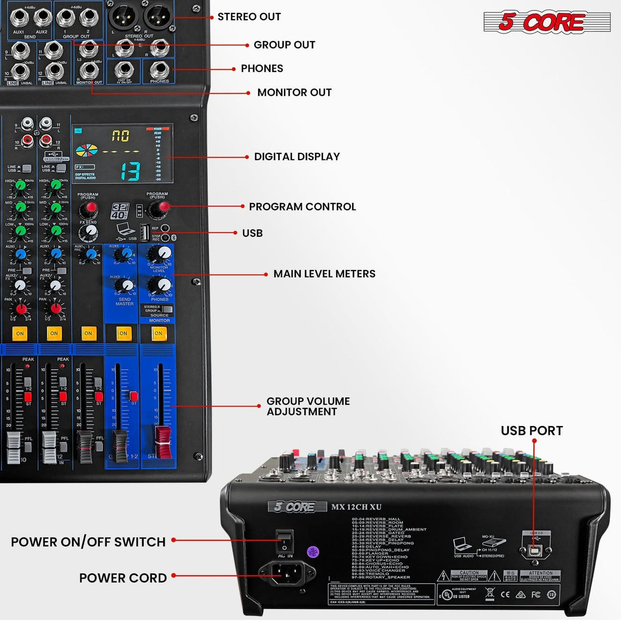 5 Core Audio Mixer 12 Channel DJ Soundboard USB Interface Bluetooth Mixing Console w 99 DSP Effect