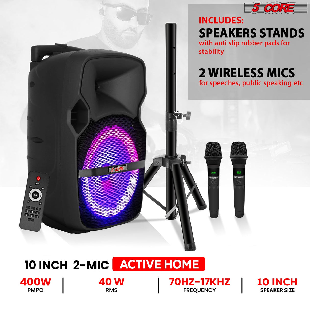 5Core 10 inch PA Portable Bluetooth Party Speaker Karaoke Boombox + 2 Wireless Mics