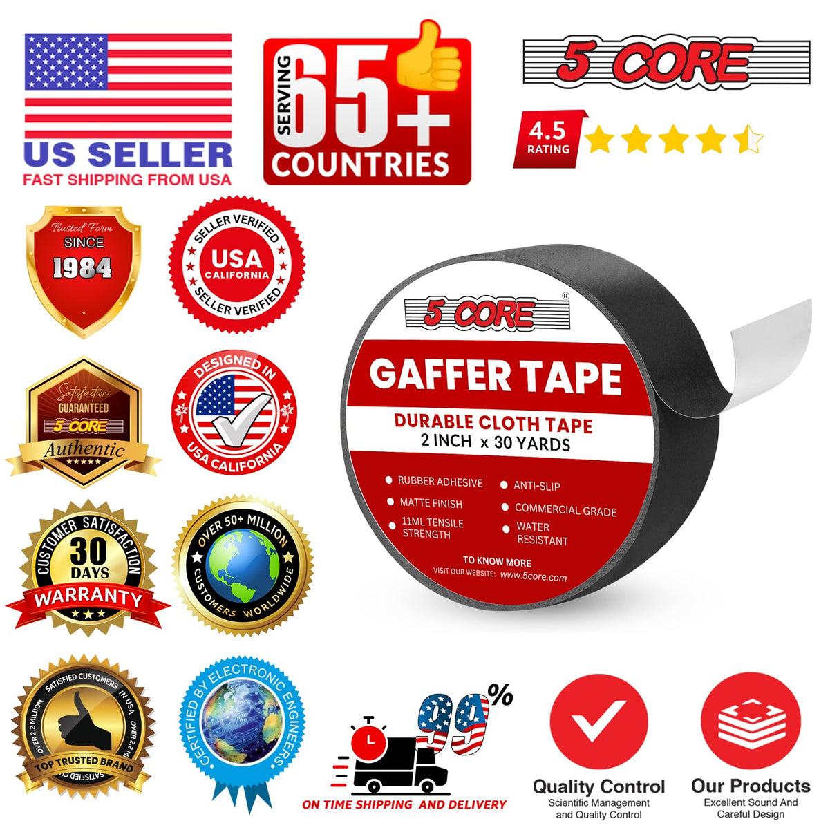 5 Core Gaffers Tape 2" 30 Yards 4Pcs Professional Black Pro Gaff Tape Non Reflective Water Resistant