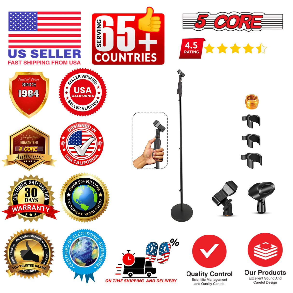 5 Core Microphone Stand Pair Universal Floor Height Adjustable 35 to 57" Round Base Mic Stands Quick Setting Lock-Tight Knob w 5/8 Thread Adapter