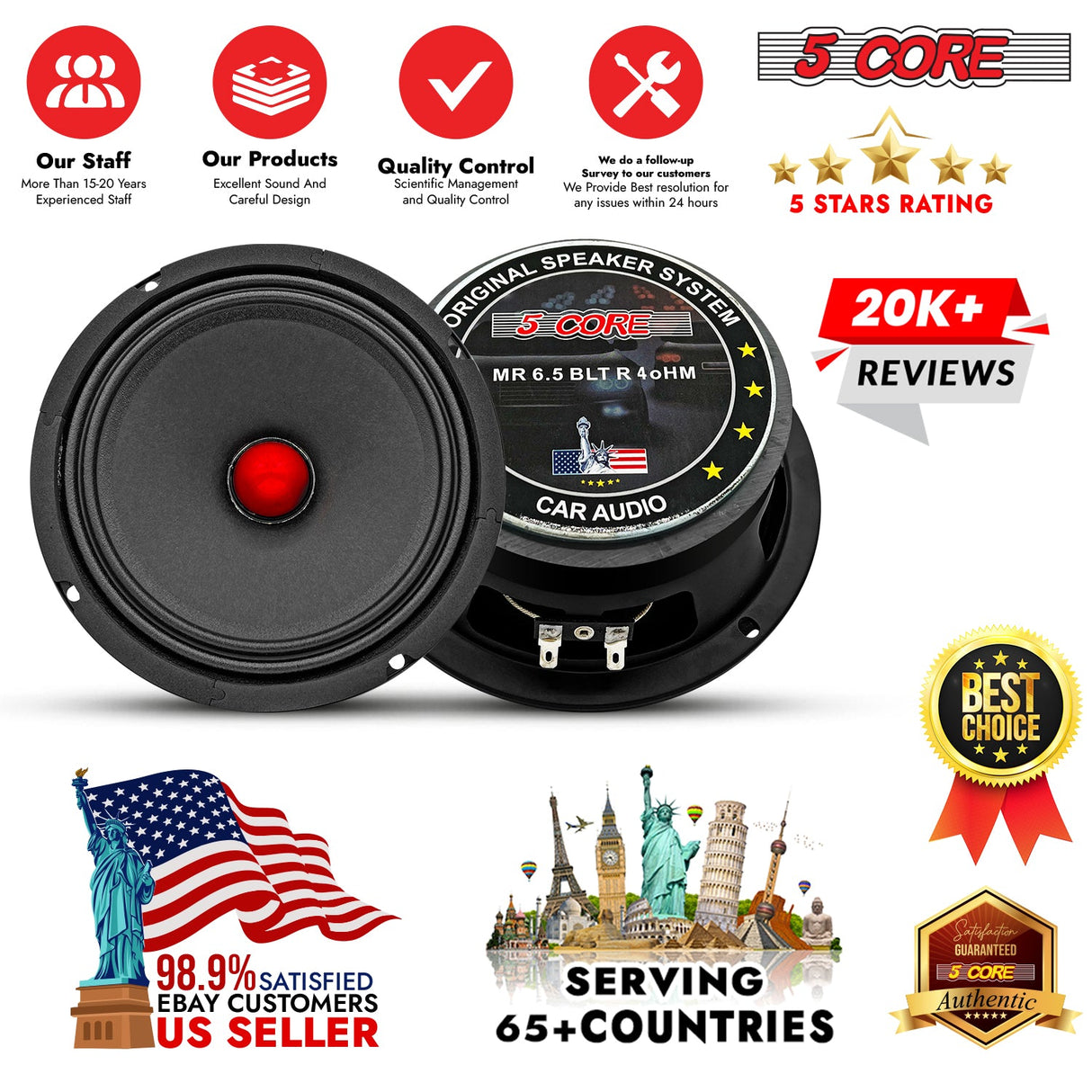 5Core 6.5 Inch Midrange Car Door Speaker 360W Subwoofer w Aluminum Bullet 4Ω Sub Woofer 1 PC