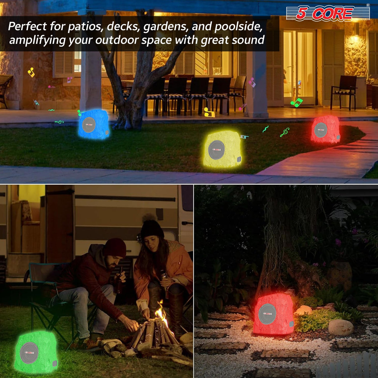 5 Core Rock Speaker Outdoor Waterproof Bluetooth Garden Speakers Solar & USB Charging RGB Colors for Patio Pool & Home
