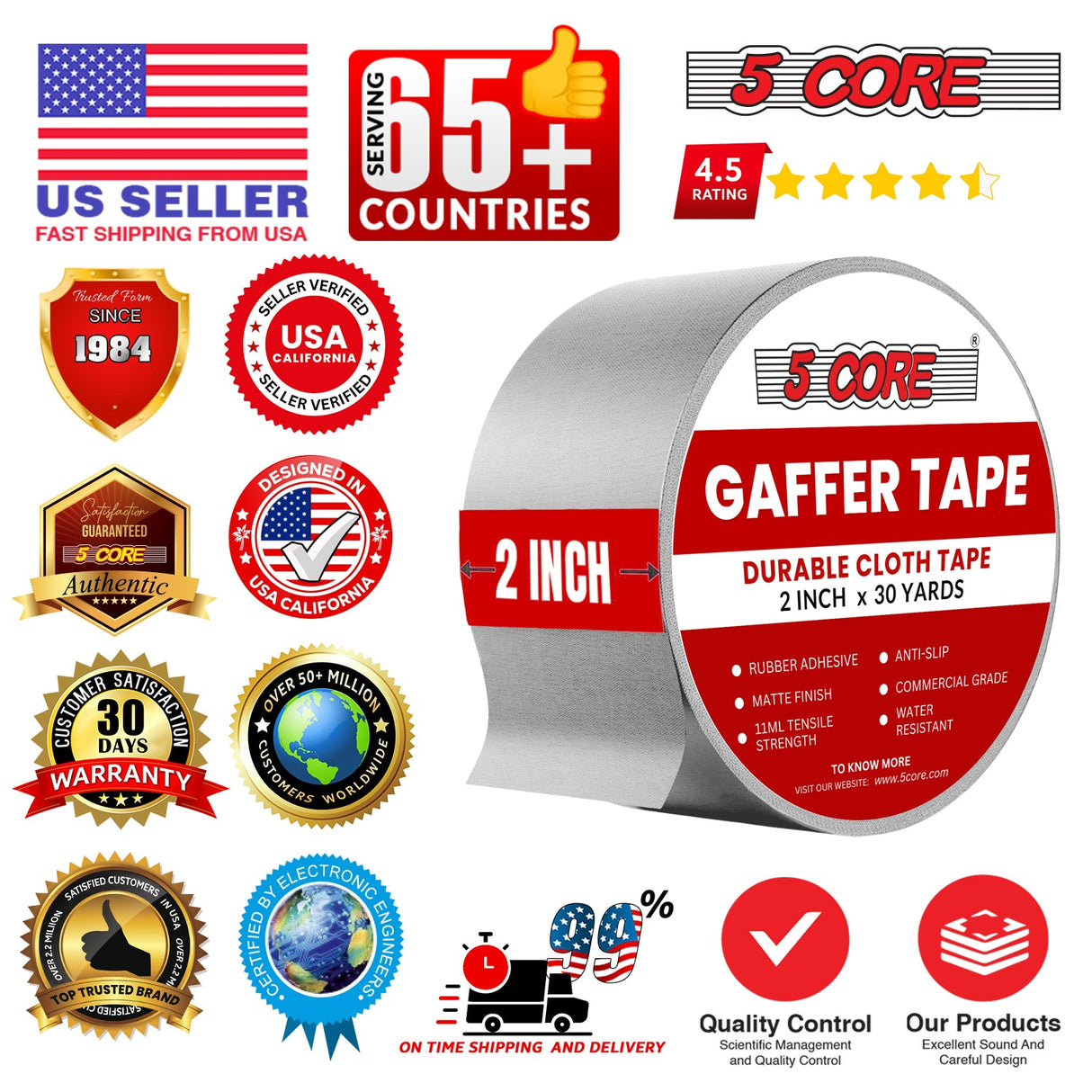 5 Core Gaffers Tape 2" 30 Yards 4Pcs Professional Grey Pro Gaff Tape Non Reflective Water Resistant