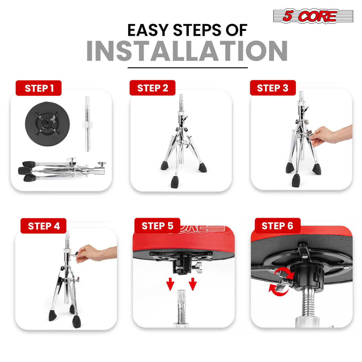 5 Core Drum Throne 5" Padded Guitar Stool Adjustable 310lbs Capacity Heavy Duty Seat w Velvet Top