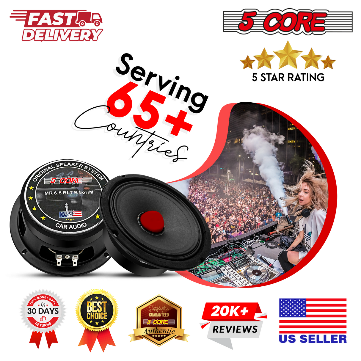 5Core 6.5 Inch Midrange Door Speaker 360W Subwoofer w Aluminum Bullet 8Ω Sub Woofer 1 PC