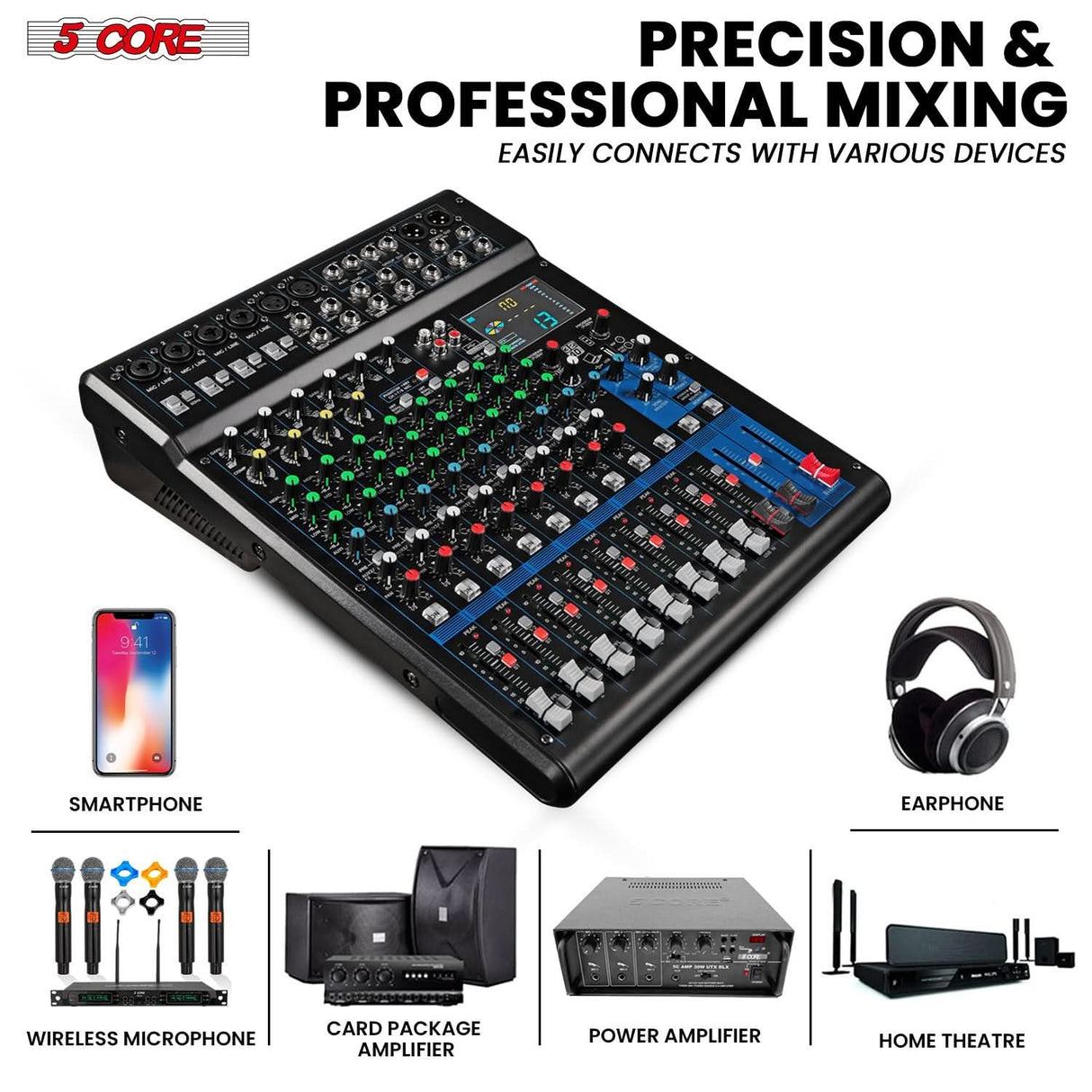 5 Core Audio Mixer 12 Channel DJ Soundboard USB Interface Bluetooth Mixing Console w 99 DSP Effect