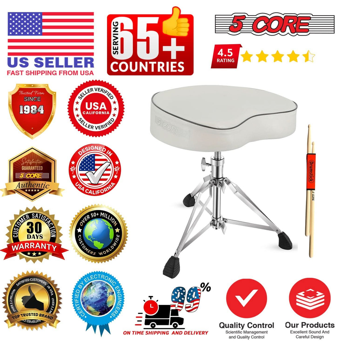 5 Core Drum Throne 3.5" Padded Guitar Stool Drummer Chair Adjustable Seat