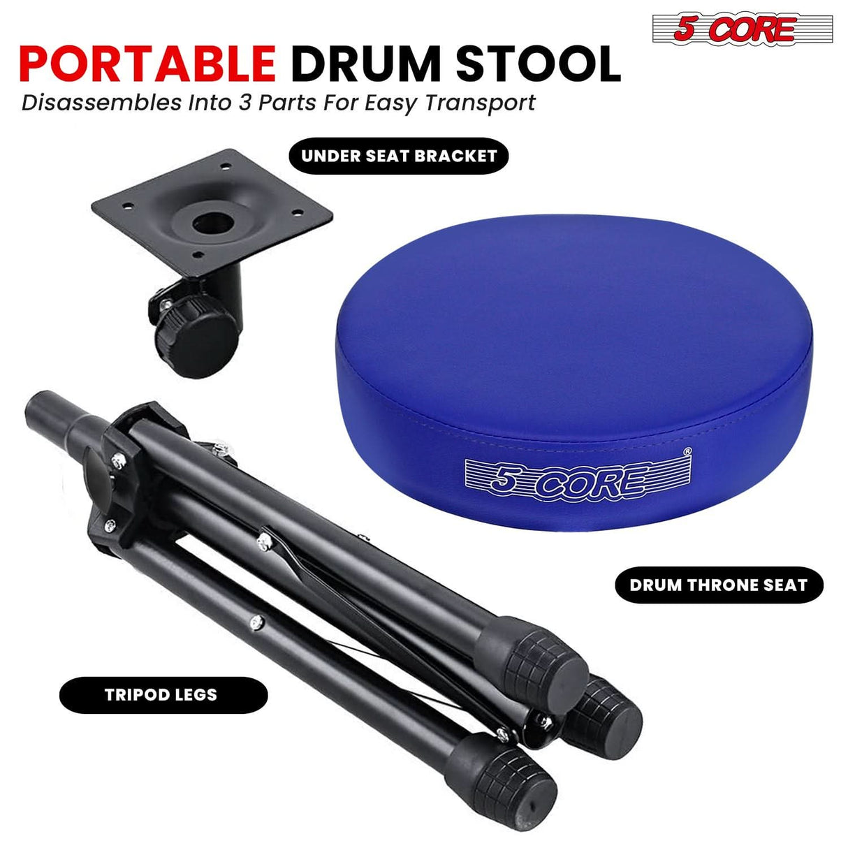 5 Core Drum Throne 3" Thick Padded Memory Foam Comfortable Drummer Stool 330Lb Capacity Adjustable