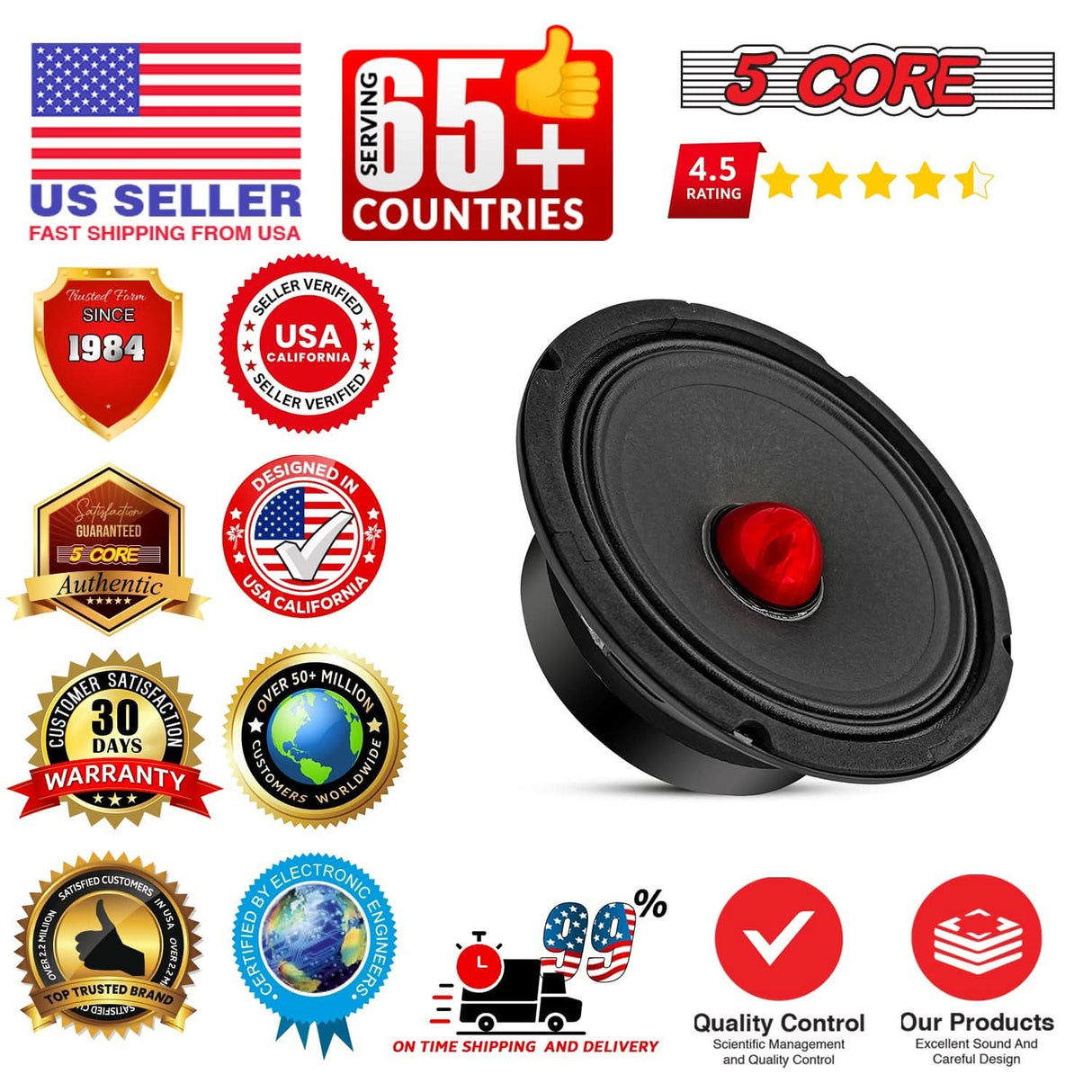 5 Core 6.5" Subwoofer Speaker Pair 360W Mid Range Car Audio Sub Woofer 4Ohm Bass Replacement Driver