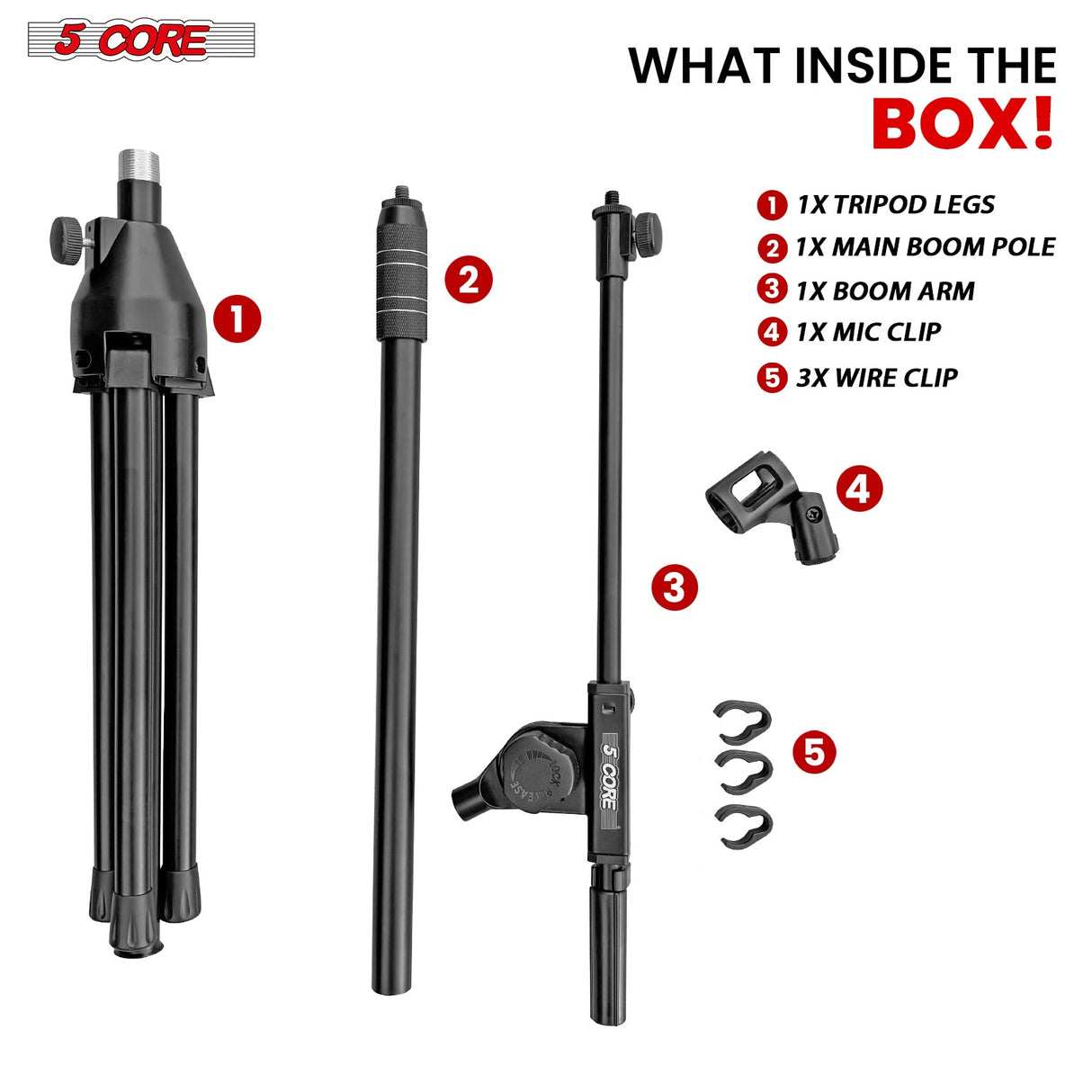 5 Core Microphone Stand Floor Height Adjustable w Extending Telescoping Boom Arm