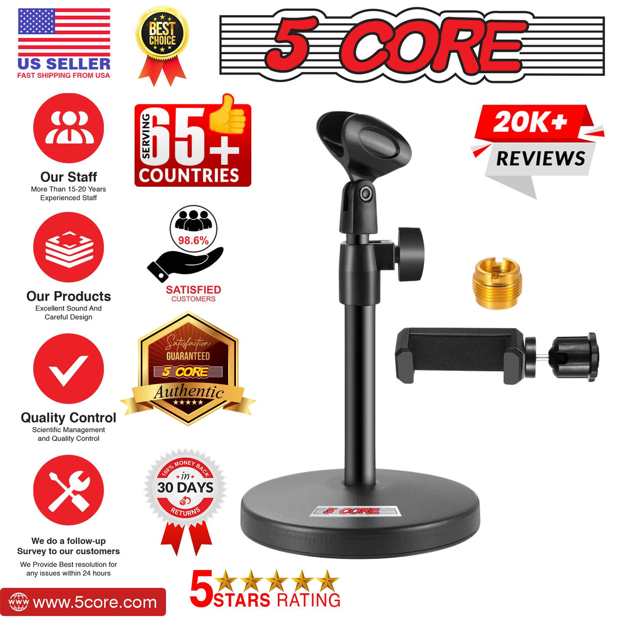 5Core 3n1 Mic Stand Desk Adjustable Table Microphone Stands w Phone Holder Mic Clip