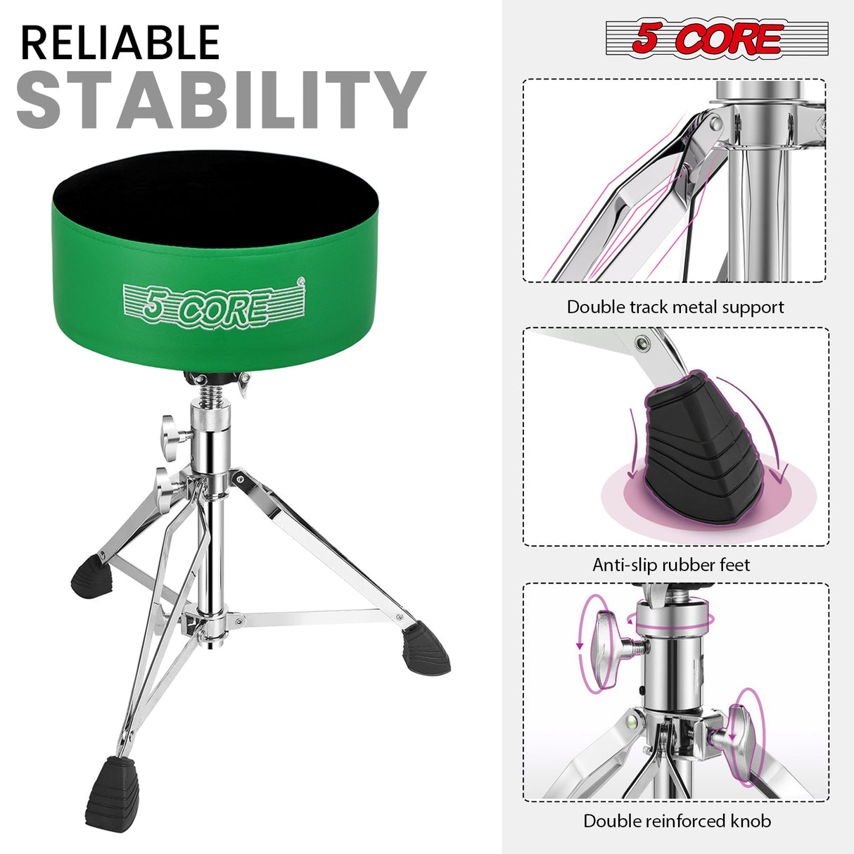 5 Core Drum Throne 5" Padded Drummer Seat Adjustable Drumming Chair w Luxury Velvet Top