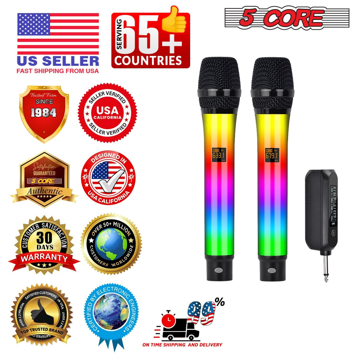 5 Core Microphone Wireless Karaoke Singing Mic Rechargeable Microfonos Inalambricos w LED Lights