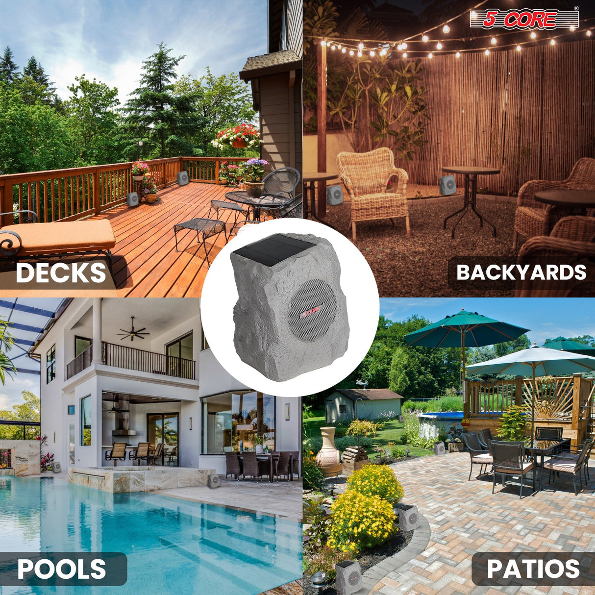 5 Core Rock Speaker Outdoor Waterproof Bluetooth Garden Speakers Solar & USB Charging RGB Colors for Patio Pool & Home