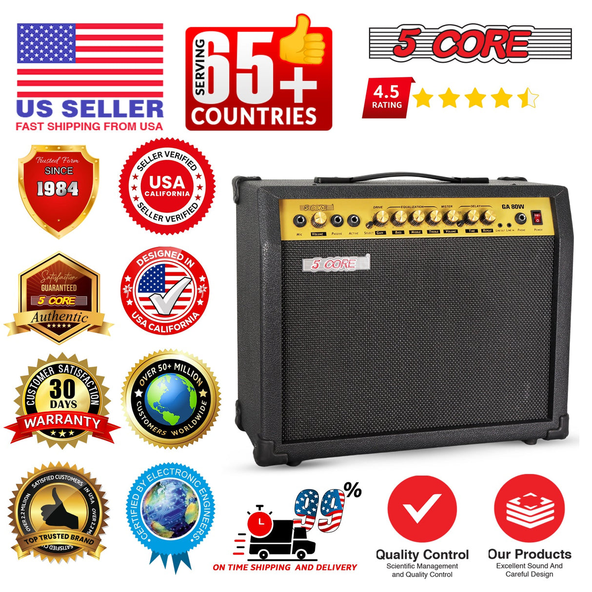 5 Core Guitar Amp 80 Watt  Electric Amplifier w Built in 10" Speaker Portable Mini Practice Amps
