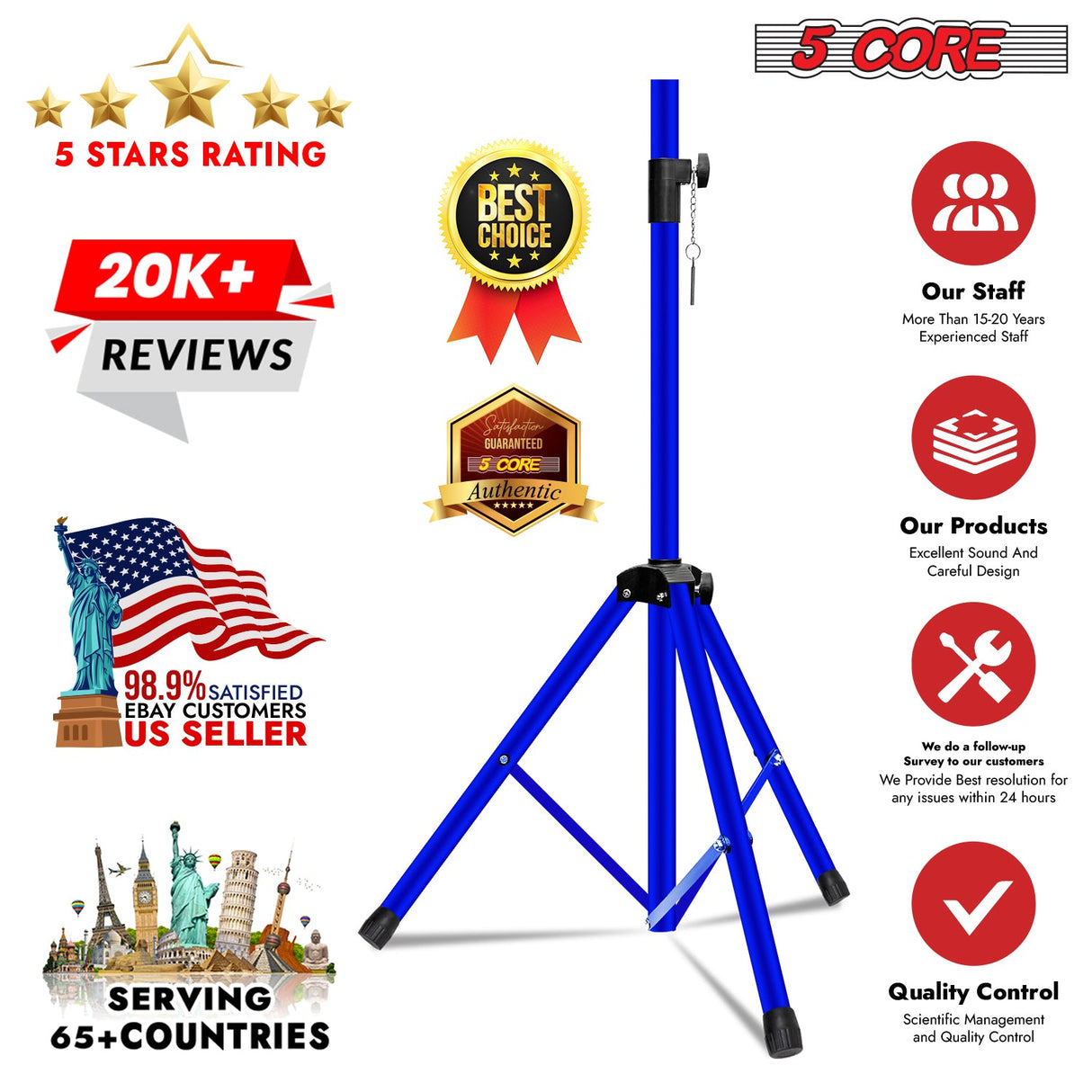 5Core Speaker Stand Tripod Tall Adjustable 72 Inch DJ Pole Mount Studio Monitor Stands BLUE 1 PK