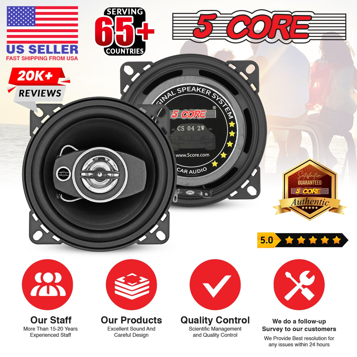 5 Core 2 Way 4" Car Speaker 250W Coaxial Component Speaker Universal Quick Easy Fit for Cars