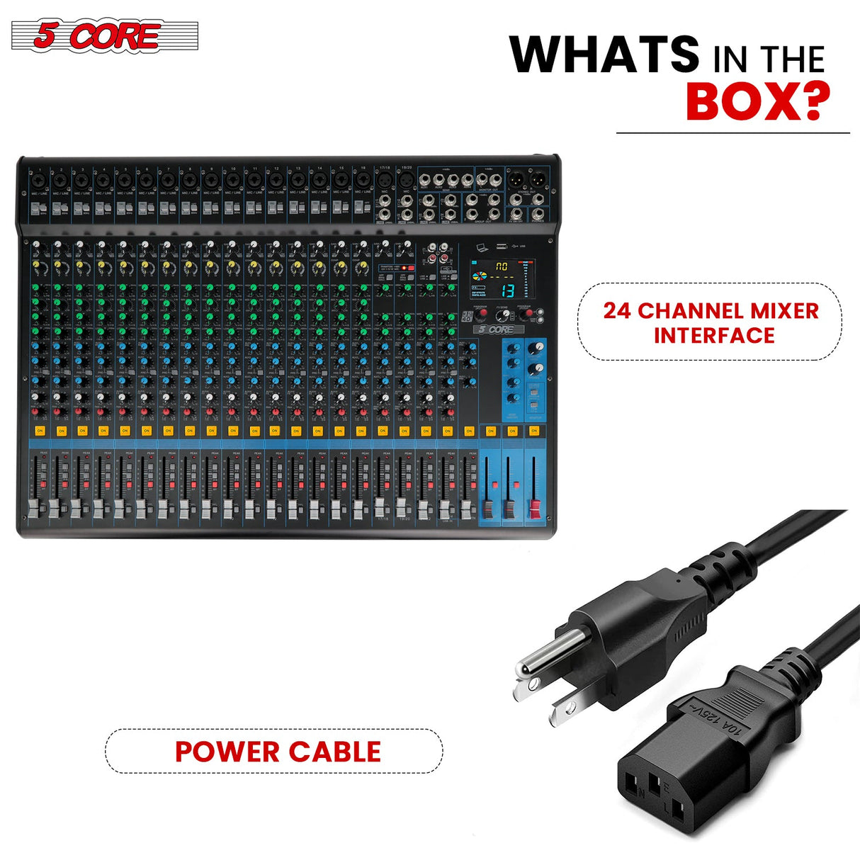 5Core DJ Audio Mixer 24 Channel Stereo Sound Board w 256 effects USB Bluetooth 48V Phantom Power