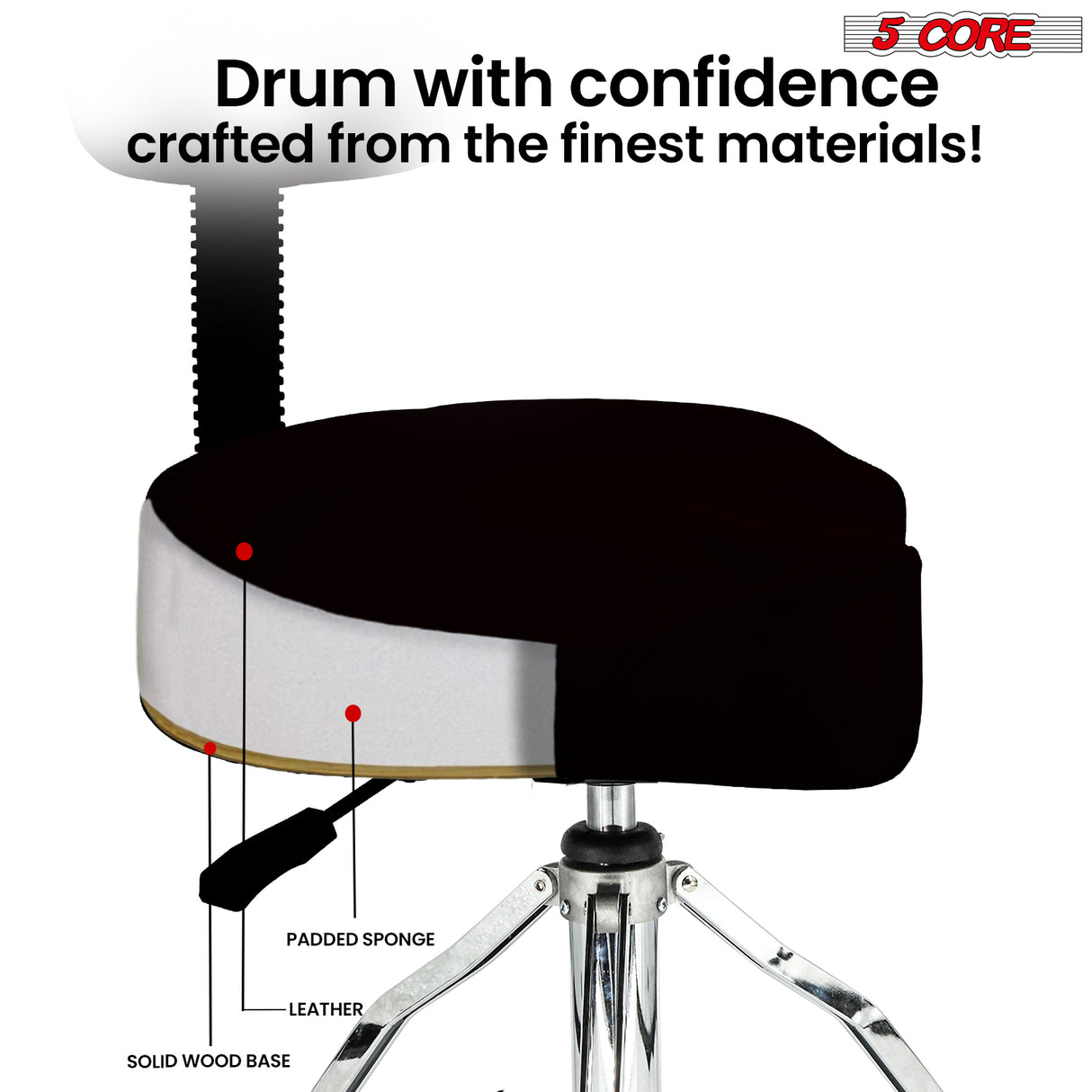5Core Drum Throne 4" Cushion Padded Stool w Backrest Airlift Height Adjustable Chair w 441Lb Capcity