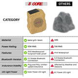 5 Core Rock Speaker Outdoor Waterproof Bluetooth Garden Speakers Solar & USB Charging RGB Colors for Patio Pool & Home