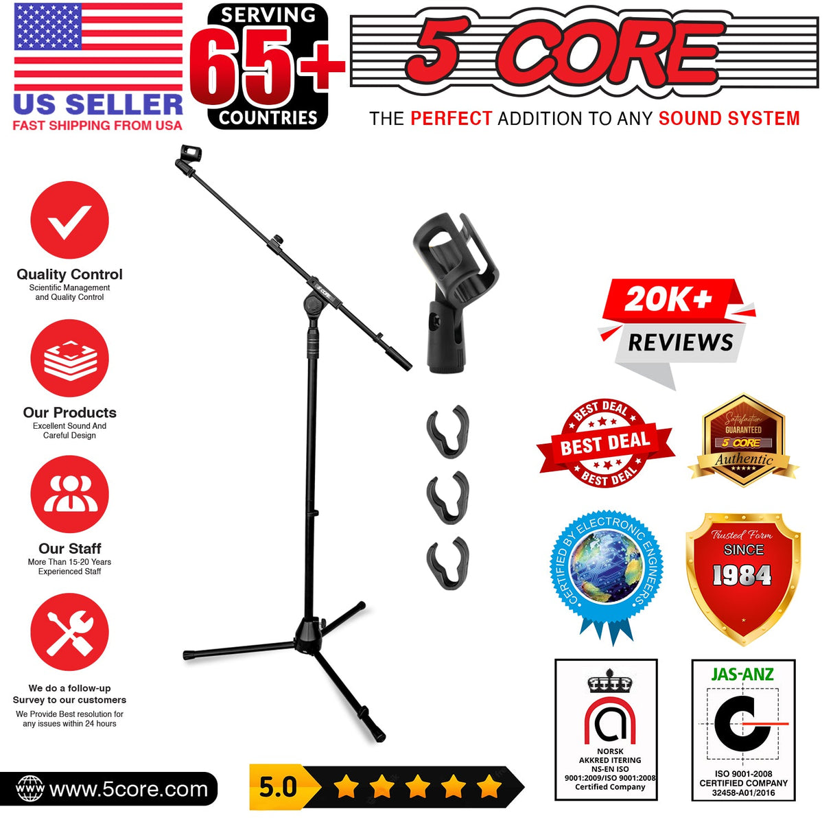 5 Core Microphone Stand Floor Height Adjustable w Extending Telescoping Boom Arm