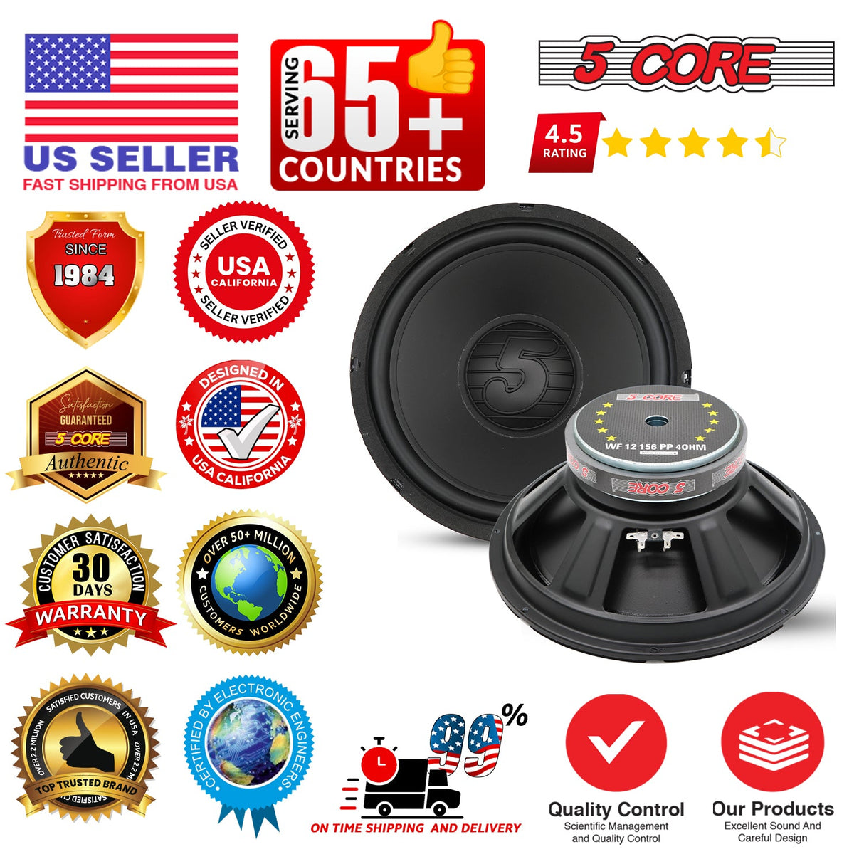 5 Core 12 Inch Woofer Pair 400W Car Subwoofer 4Ohm Replacement Deep Sub w Poly Cone