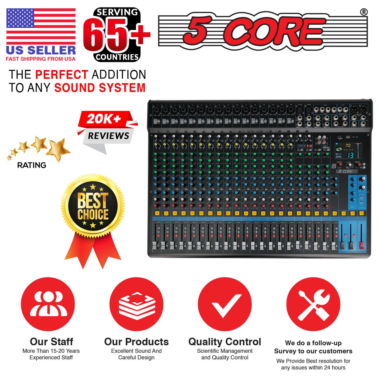 5Core DJ Audio Mixer 24 Channel Stereo Sound Board w 256 effects USB Bluetooth 48V Phantom Power