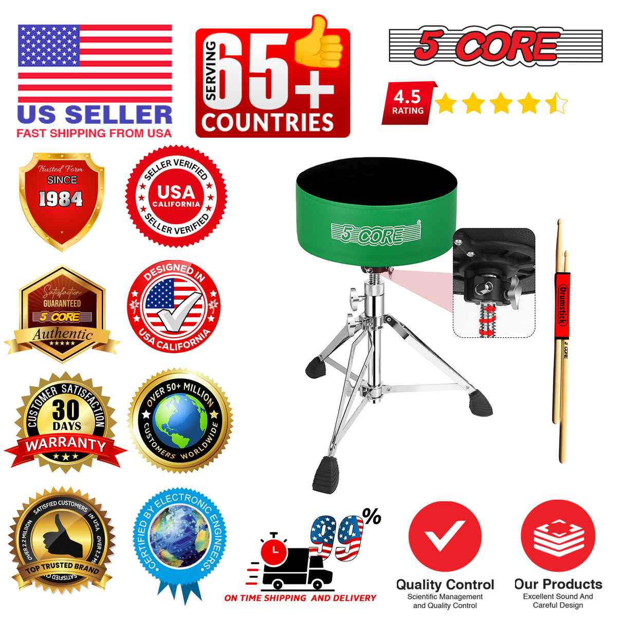 5 Core Drum Throne 5" Padded Drummer Seat Adjustable Drumming Chair w Luxury Velvet Top