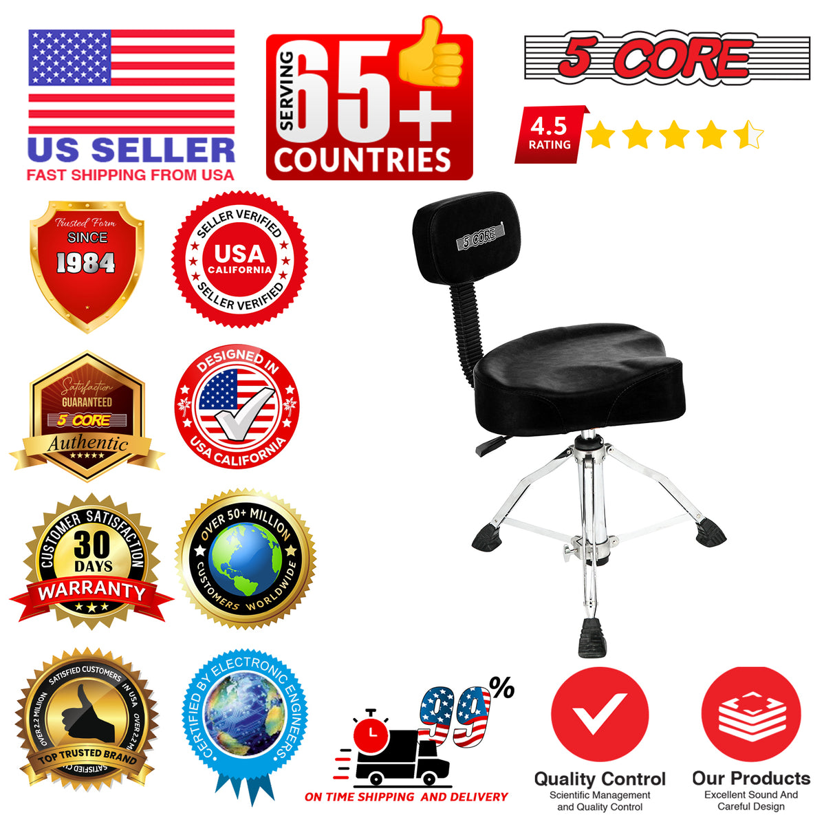 5Core Drum Throne 4" Cushion Padded Stool w Backrest Airlift Height Adjustable Chair w 441Lb Capcity