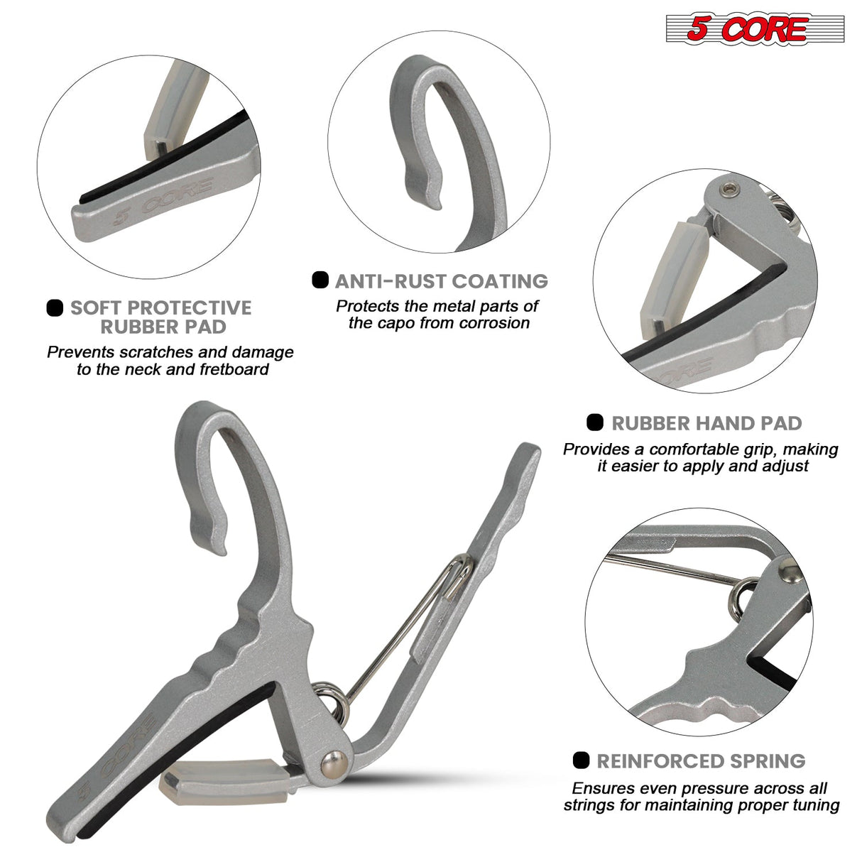 5Core Capo Aluminum Universal Guitar String Clip w Metal Spring + 6Pcs Guitar Picks + Carry Bag
