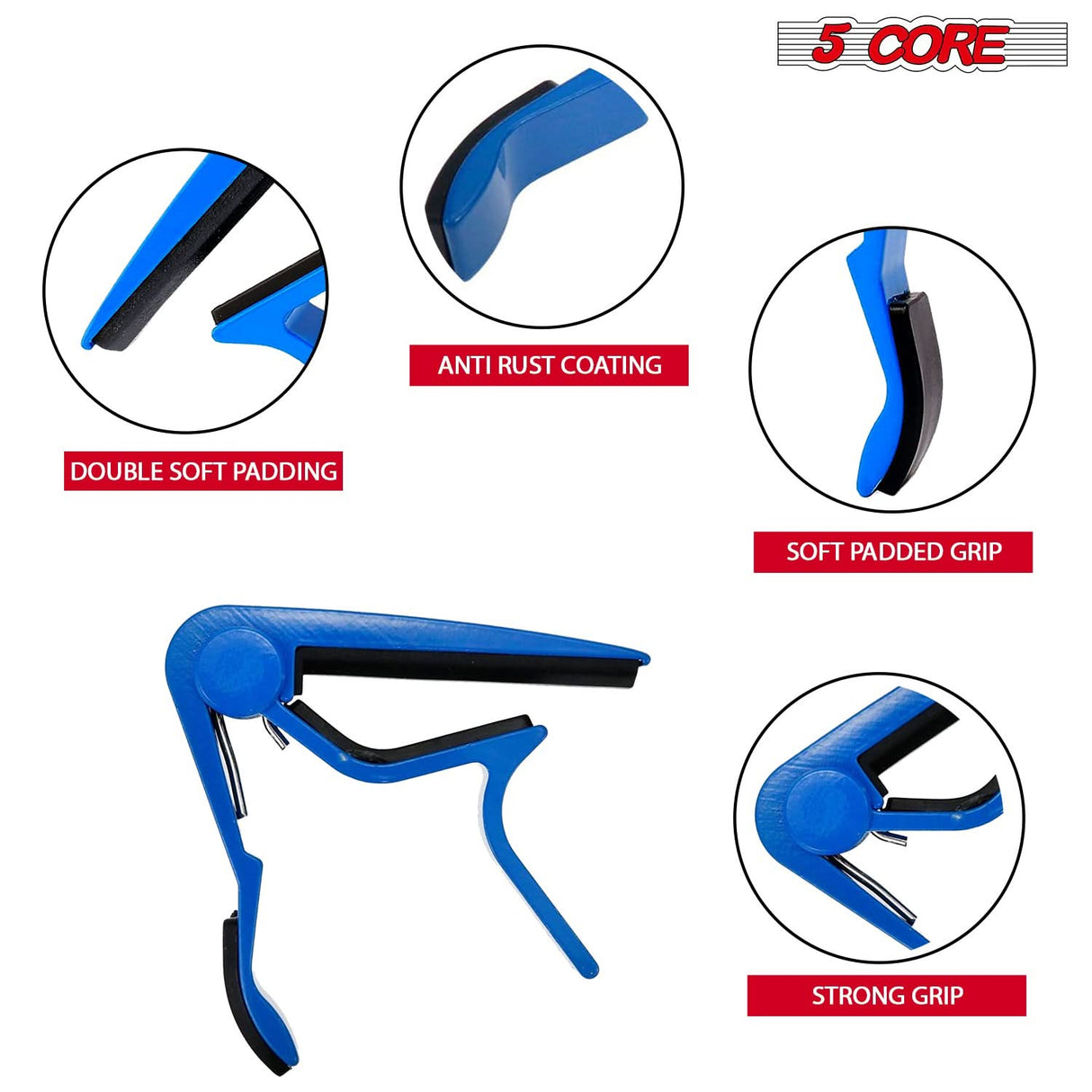 5Core Capo Clip durable alloy build top view on guitar neck
