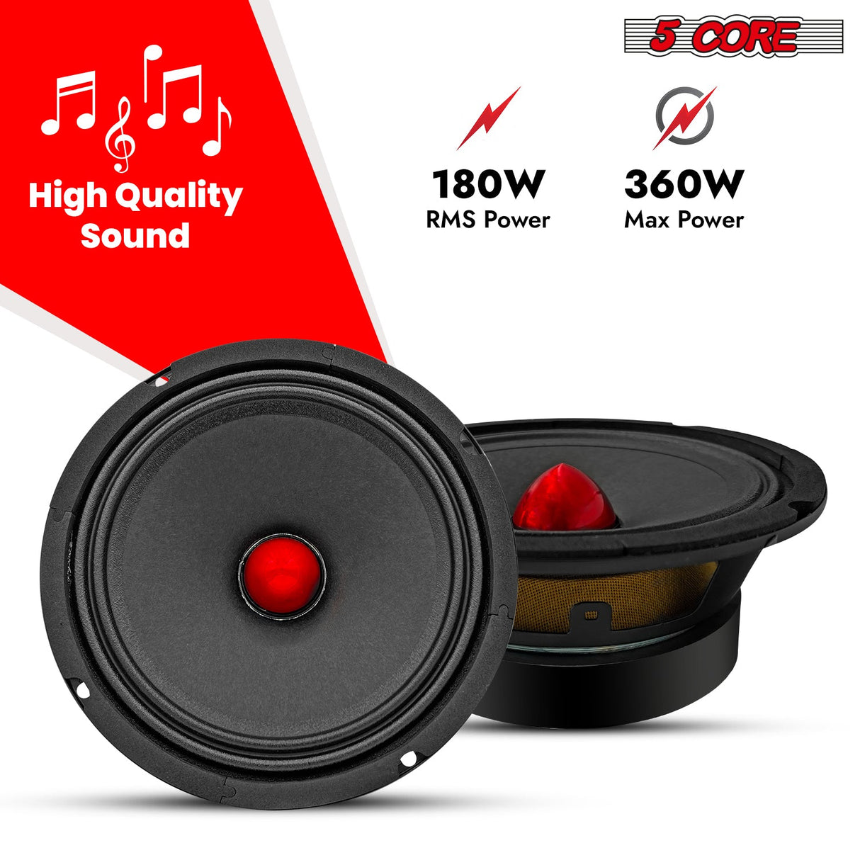 5Core 6.5 Inch Midrange Car Door Speaker 360W Subwoofer w Aluminum Bullet 4Ω Sub Woofer 1 PC